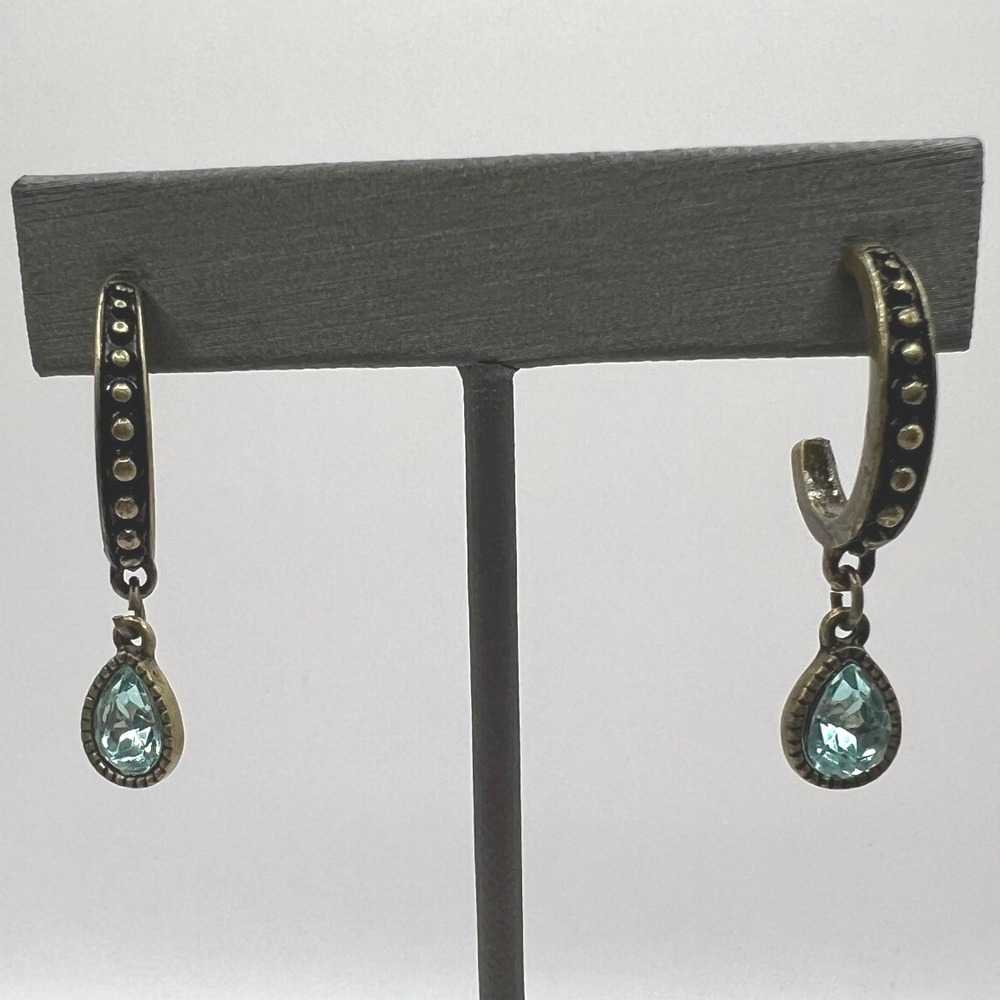 Pierced Earrings Blue Crystal‎ Stone Antiqued Gold Tone Dangle Drop